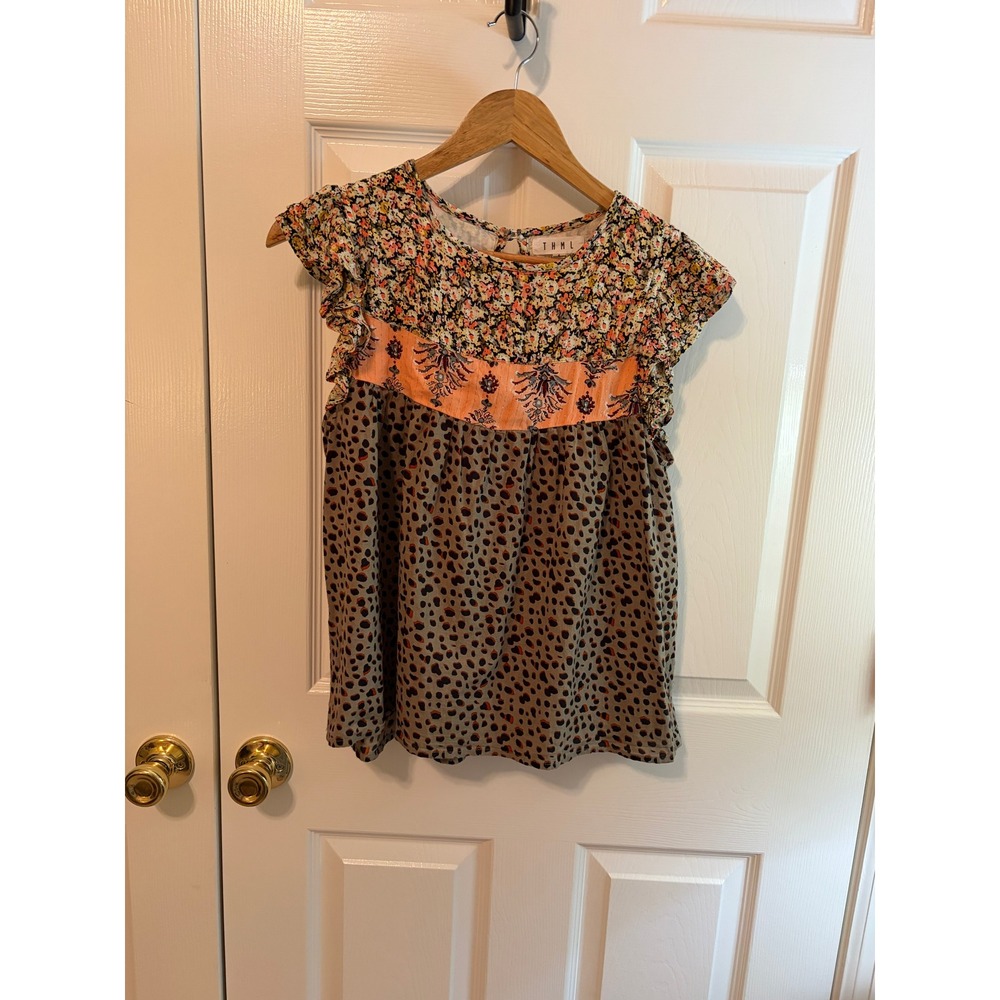 THML Mixed Print Floral Leopard Boho Ruffle Cap Sleeve Top Small